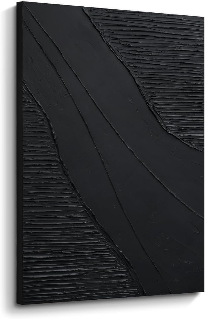 Hand-Painted Black Abstract Canvas Wall Art, Modern Minimalist Oil Painting | Vertical 3D Textured Monochrome Artwork for Living Room Bedroom Office Hallway, Large Ocean-Inspired Wall Decor, 24x36 In