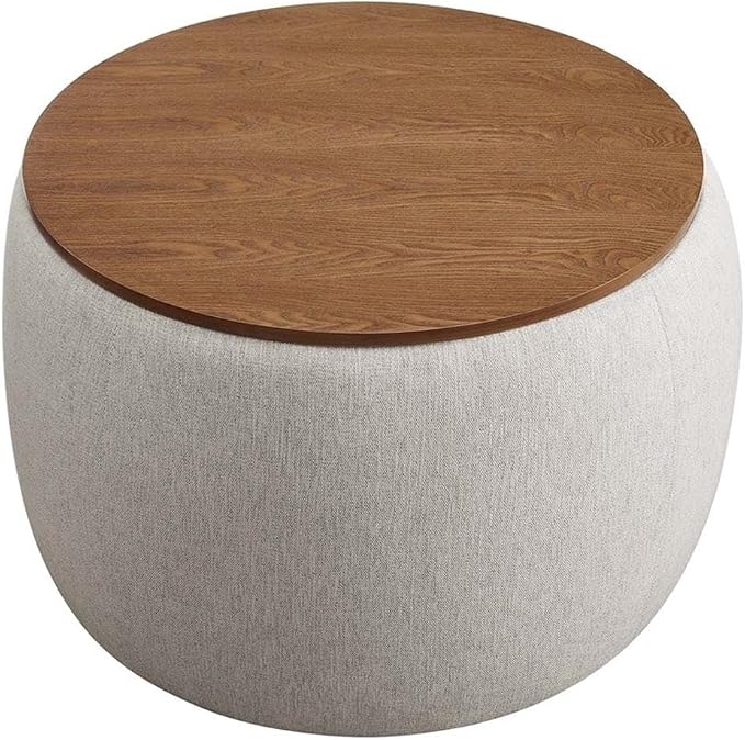 Modway Perla 26 Inch Round Storage Ottoman with Tray Lid in Ivory Fabric -Heathered Fabric Ottoman - Versatile Footrest - Woven Coffee Table - Side Table - for Living Room