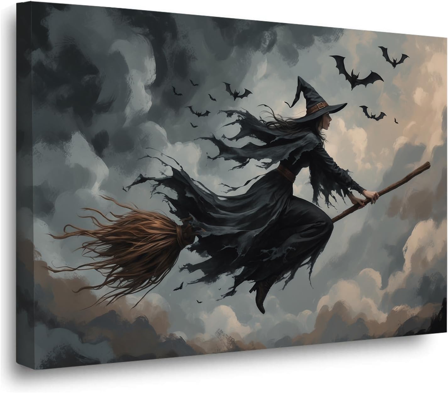 Witch and bat flying Halloween poster suitable for home party wall decoration retro Halloween preppy style wall art canvas print suitable for room decoration16x24in Wood Framed