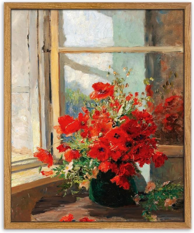 UPWOIGH Red Poppy Framed Impressionist Wall Art, 16 x 24 Inch | Red Poppy Bouquet by a Sunlit Window, Impressionist Oil Painting Style, Warm Wood Frame for Living Room and Bedroom