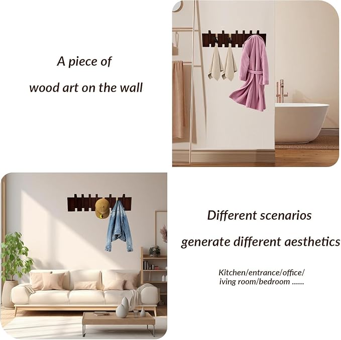 Piano Coat Rack 10-Hooks Wooden Wall Hooks Entryway Hanger Piano Key Coat Rack Wall Mount Wood Wall Hooks for Hanging Towel Hat Clothes Dog Leashes Heavy Duty Wall Mounted Wooden Coat Rack Flip Down