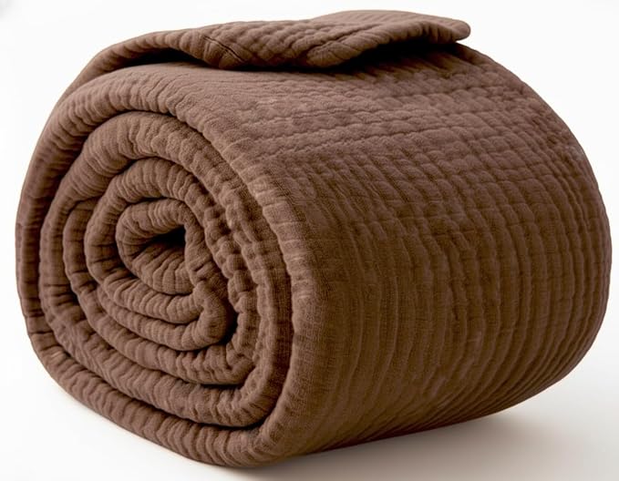 KyraHome 100% Organic Cotton Muslin Blanket, 60"x80" Large Pre-Washed Plant Dyed Lightweight Breathable Soft Gauze Summer Throw Blankets for Adults, All Season (Brown)