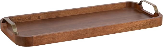 Kate and Laurel Farson Modern Decorative Wood Rectangle Tray with Handles; 10 x 24; Walnut Brown and Antique Brass; Transitional Rectangular Tray for Use as Entryway Tray Decor or Ottoman Serving Tray