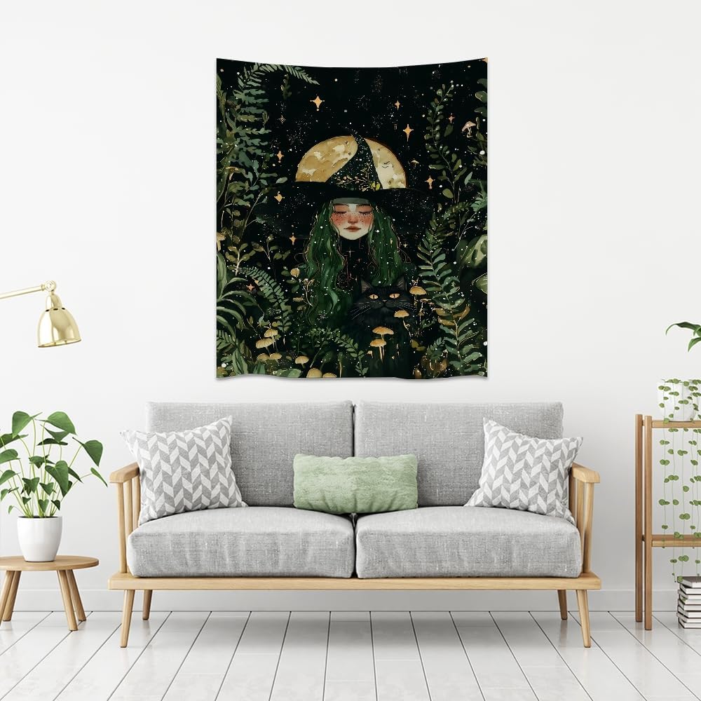 Moon Witch Tapestry Wall Hanging Mystical Botanical Green Print Dark Forest Witchy Decor Gothic Magical Black Cat and Moon Tapestries for Bedroom Living Room Dorm Decoration Aesthetic 40x60inch