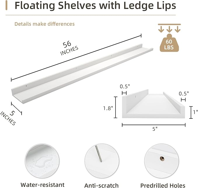 Acovy Picture Ledge Shelf, Wood Long Floating Shelves for Wall, Set of 2, 56 inch Picture Ledge Shelves, Photo Ledge Nursery Book Shelves Wall Mounted for Living Room Kids' Room Bedroom, Color White