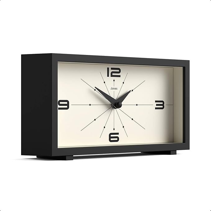 JONES CLOCKS® Odeon Desk Clock | Modern Rectangular Design | Black | Stylish Retro Look for Shelf, Table, Mantel or Bedside