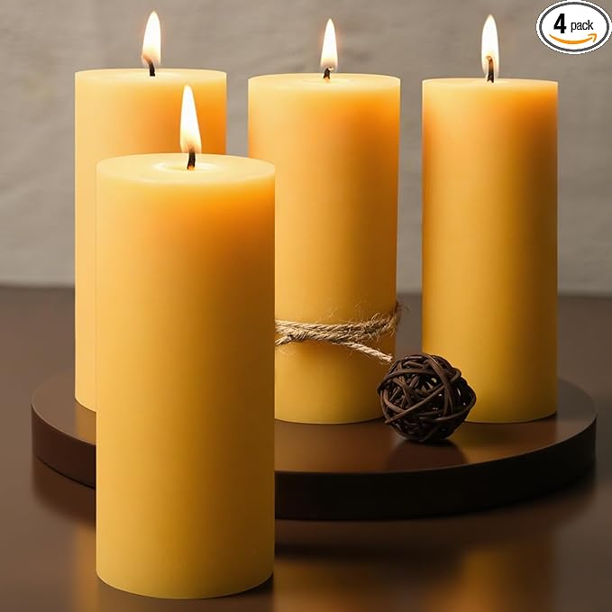 2x5 Inch Beeswax Candles, 4 Packs, Natural Beeswax Pillar Candles, 52 Hours Burn Time, Pure Emergency Candle Long Burning for Home Decor, Gift Sending, Smokeless & Dripless