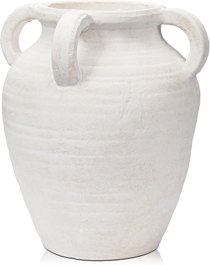 Handcrafted Flower Vase, 9.8" Tall Terracotta Vase, Vintage White Ceramic Vase, Rustic Antique Decor with 4 Handles, Wide Mouth, Matte Finish for Home Office Resto Café Décor