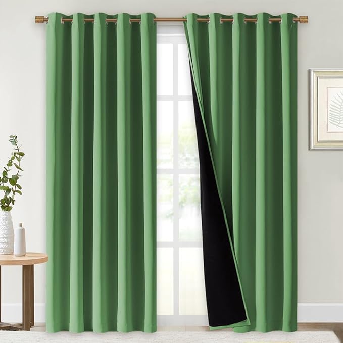NICETOWN 100% Blackout Window Curtain Panels, Forest Green, 2 PCs, 62" Wide Each Panel, Cold and Full Light Blocking Drapes with Black Liner for Nursery, 84 inches Drop Thermal Insulated Draperies