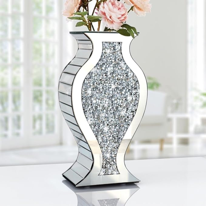 ALLARTONLY Crushed Diamond Mirror Vase Crystal Silver Glass Stunning Decorative Vase Flower Luxury for Home Décor. Can’t Hold Water.