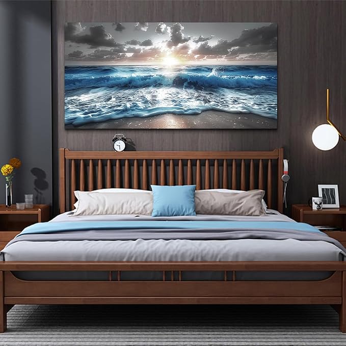 hyidecorart Large Wall Art For Living Room Modern Wall Decor For Office Blue Beach Painting Sea Waves Sunshine Wall Pictures Bedroom Home Decoration Prints Posters Mural Artwork Ready To Hang 60x30