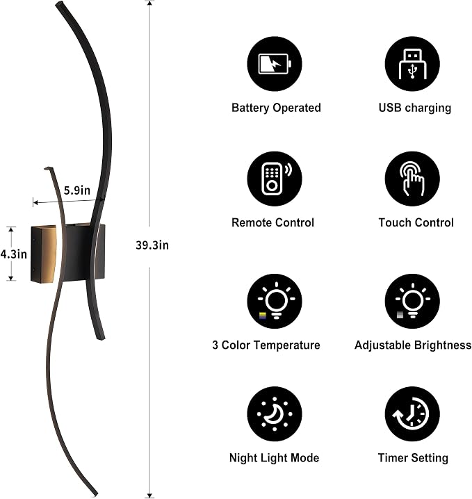 Battery Operated Wall Sconces Set of Two with Remote Control, Battery Wall Light, Stepless Colors 3000K-6000K & Dimming, Black Rechargeable Wall Sconces for Living Room, Hallway, Bedroom, 39.3 Inch