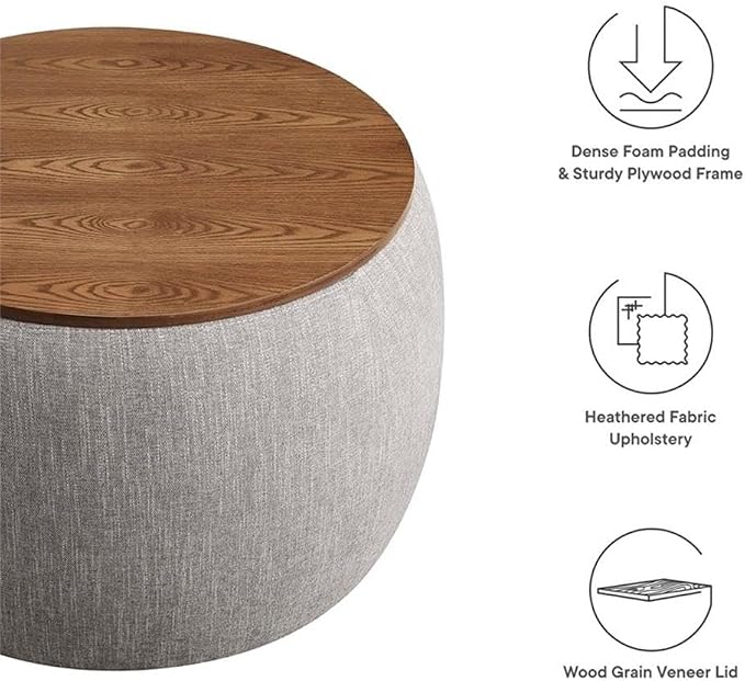 Modway Perla 26 Inch Round Storage Ottoman with Tray Lid in Heathered Weave Wheat -Heathered Fabric Ottoman - Versatile Footrest - Woven Coffee Table - Side Table - for Living Room