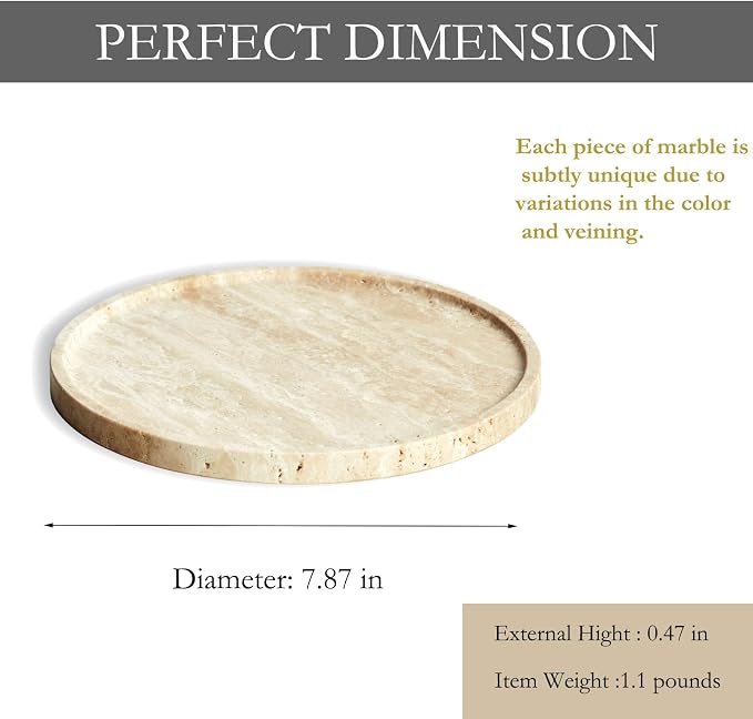 Travertine Marble Vanity Tray, Round Ottoman Tray Minimalist Modern Decorative for Bathroom, Kitchen, Nightstand, Jewelry Ring Dish Holder, Table Accents Decor (Beige Travertine)