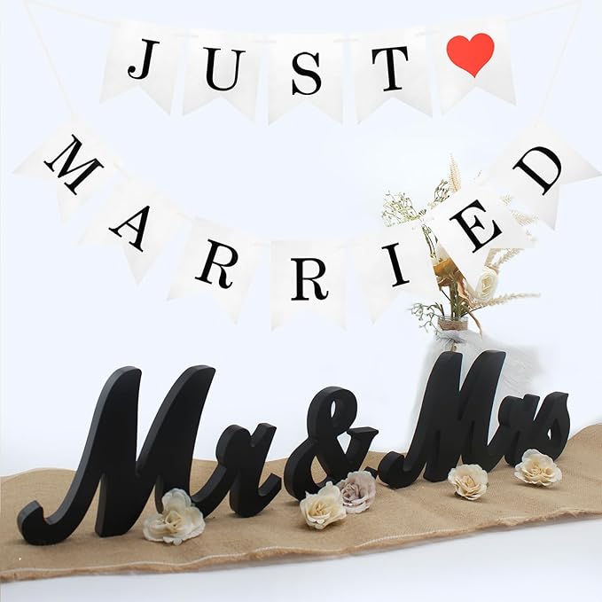 Mr. & Mrs. Sign for Table, Just Married Banner, Wooden Wedding Decor - Black Banner