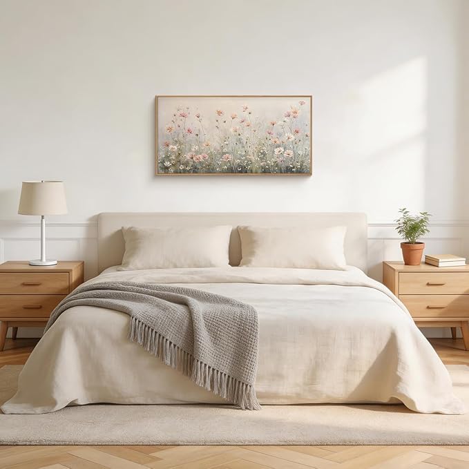 LHIUEM Watercolor Wildflower Framed Canvas Wall Art,Vintage Floral Wall Decor,Nature Pink Daisy Painting,Botanical Flower Artwork for Living Room,Bedroom,Dining Room - 20"x40"x1