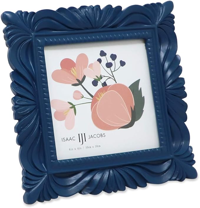 Isaac Jacobs 4x4 Navy Wave Textured Hand-Crafted Resin Picture Frame with Easel & Hook for Tabletop & Wall Display, Decorative Swirl Design Home Décor, Photo Gallery, Art, More (4x4, Navy)