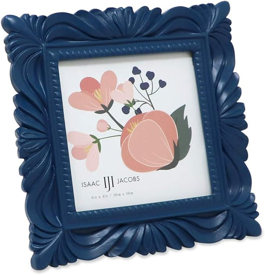 Isaac Jacobs 4x4 Navy Wave Textured Hand-Crafted Resin Picture Frame with Easel & Hook for Tabletop & Wall Display, Decorative Swirl Design Home Décor, Photo Gallery, Art, More (4x4, Navy)