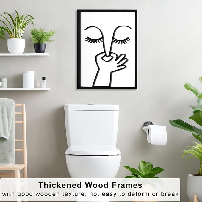 KIOSSUT 3D Wood Framed Black and White Bathroom Wall Art, Cute Toilet Pictures for Bathroom Signs Decor (Ready to Hang, 12 x 16 inches, Art Print)