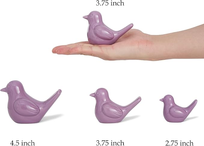 Small Purple Bird Statue Ceramic 2-Piece Set, 3¾ inch Cute Knick Knack for Home Office Shelf Desk Decor