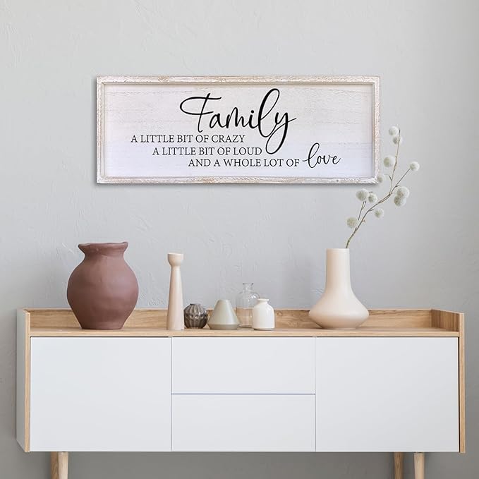Family A Little Bit Of Crazy Sign Wall Decor 40"×15" Rustic Farmhouse Living Room Large Soild Wood Framed Hallway Hanging Sign Aesthetic Inspirational Quotes Entryway Home Wall Art (White)