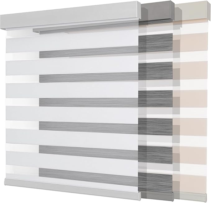 Joydeco Cordless Zebra Blinds (Pro), Dual Layer Light Control Zebra Blinds for Windows, Light-Proof Aluminum Cover, Free-Stop Roller Shades for Home & Office (White,34" W x 75" H)