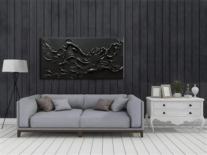 zoinart 100% Hand Painted Thick Texture Black Wall Art Minimalist Oil Painting Contemporary Art 24x48 Inches Oil on Canvas Black Texturd Wall Art Home Decoration