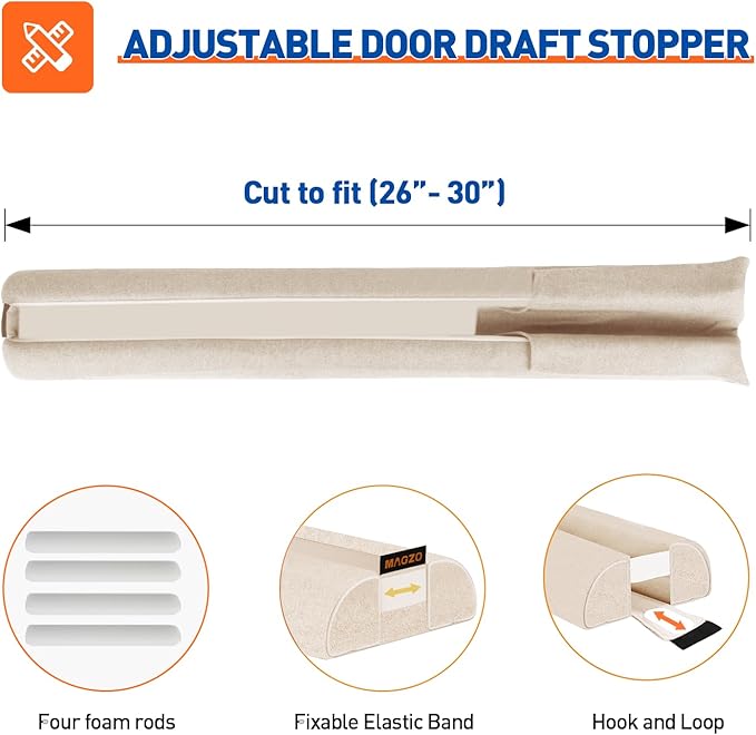 MAGZO Door Draft Stopper, 30 Inch Adjustable Under Door Gap Filler, Fits 26'' - 30'' Bottom Widths, Seals Gaps up to 1.7", Soundproof Sweep Blocks Air, Noise, Light, Dust- White