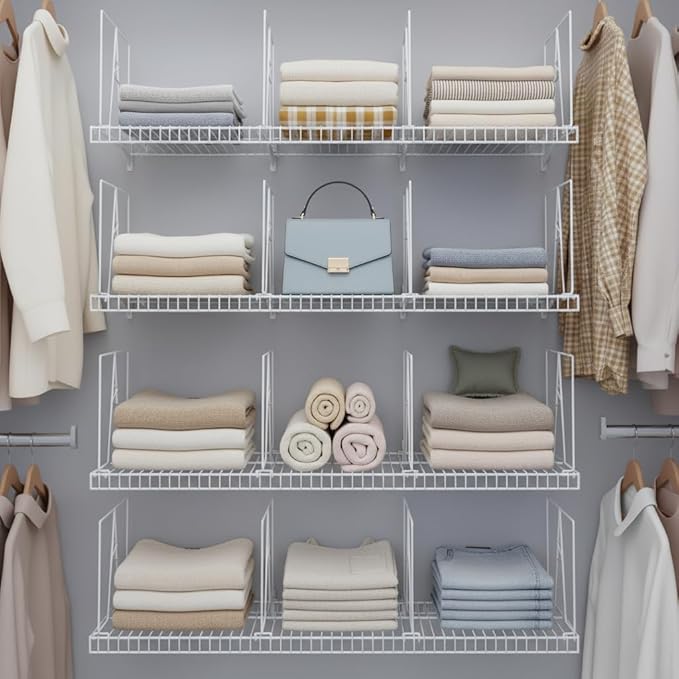 Wire Shelf Dividers - White Closet Organization & Storage Organizer - No Tool Shelf Divider for Wire Shelves - Metal Shelf Accessories – for 12“ Deep Wire Shelves – Tall 12” Height – 10 Pack