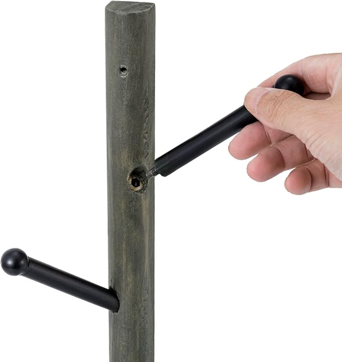 MyGift Wall Mounted Coat Rack Tree, Vintage Gray Weathered Solid Wood and Black Metal Hat Hanger with 4 Hooks, Vertical Entryway Hanging Garment Rack with Branch Style Hooks, Set of 2