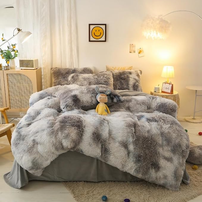 chovy Faux Fur Plush Tie-Dyed Black White Gray Colorful Comforter Sets Twin/Full Size - Ultra Soft Shaggy Flannel Velvet Fluffy Fuzzy 3PC Bedding Set (Comforter x 1 Pillowcases x 2)