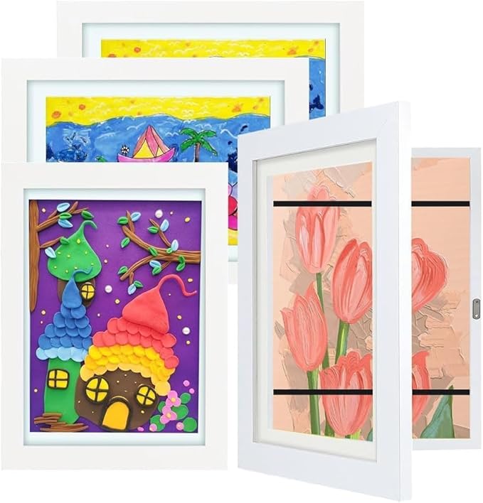 Kids Art Frames 8.5x11, 4-Pack Front Opening Changeable Picture Frames for Kids Artwork, Holds 150 Pieces Each, Artwork Storage and Wall Display Frame for Drawings, Portfolio, White