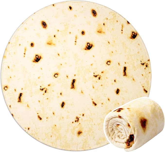 Vessia Burritos Tortilla Blanket Throw Size(Beige,71 inches), Giant Realistic Funny Food Throw for Adults and Kids, 300 GSM Double Sided Soft Novelty Round Taco Blanket