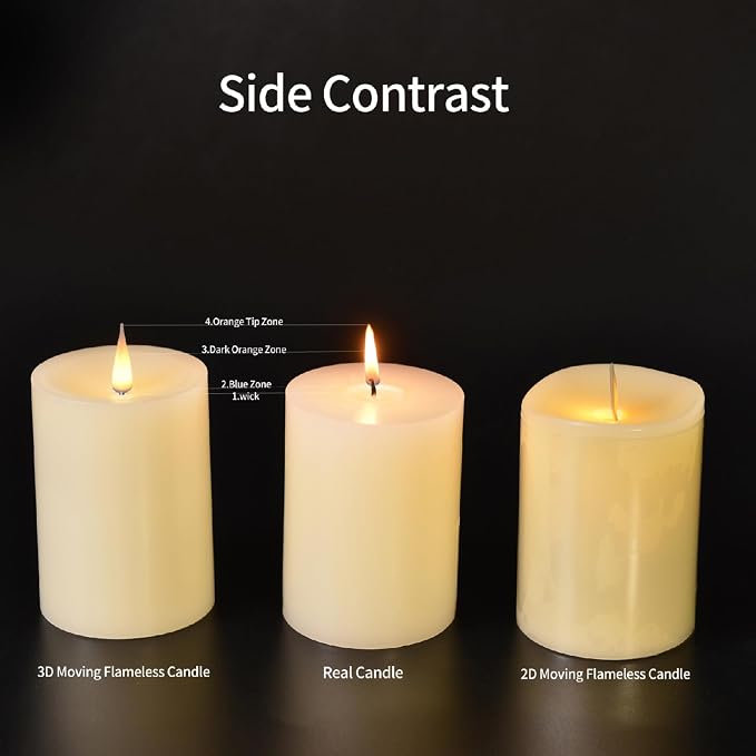 Flameless Pillar Candles Flickering with Remote Timer, Battery Operated LED Candles Up to 400 Hours, 3D Moving Flame Real Wax Candles, Set of 3, D3 x H4, 5", 6",Remote Included(Ivory)