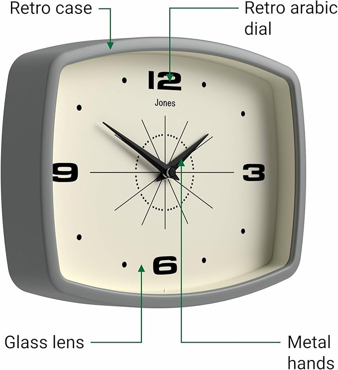 JONES CLOCKS® Movie wall Clock | Retro Rectangular Clock | 10 inch | Gray | Cool mid-Century Designer Look for Kitchen, Living Room or Office