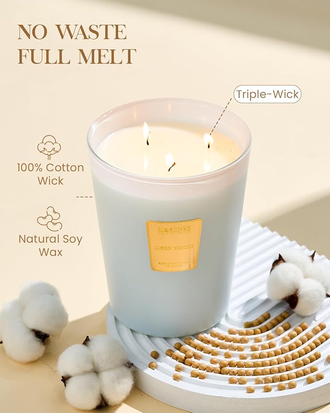 M&SENSE Linen Breeze Soy Candle, 35oz 3-Wick, Fresh Home Decor | 150H Long Burn, Non-Toxic, Large Jar, Cleaning Air Purifying Odor Eliminator Home Fragrance, Relaxation Housewarming Gift
