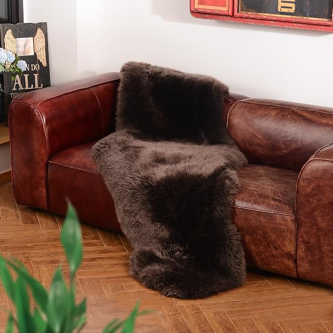 IRIWOOL Premium Genuine Fur Sheepskin Rug Real Australia Sheepskin Natural Luxury Fluffy Lambskin Fur Area Rug Seat Covers for Kids Bedroom Sofa Chair Cover (Dark Walnut, Double Pelt/2ft x 6ft)