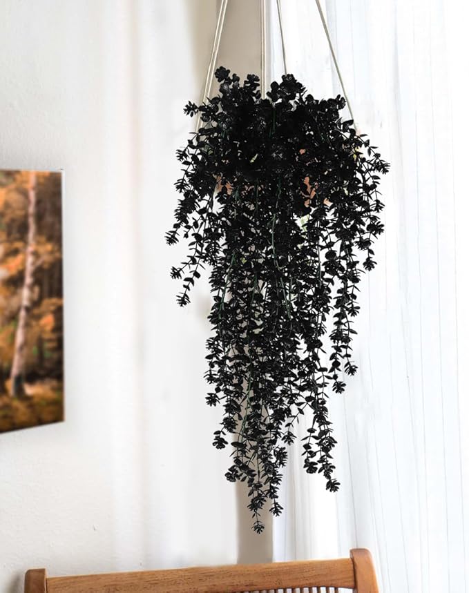 SJL Artificial Hanging Plant Pack of 4 Small Faux Hanging Plants Indoor Plastic Leavse Flower Hang Ferns Artificial Plants Eucalyptus Faux Ivy Flowers Decor for Outdoor Room (Black)