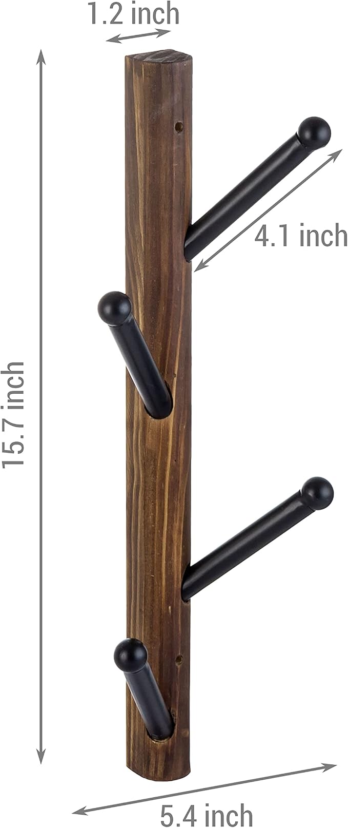 MyGift 4 Hook Wall Mounted Rustic Brown Solid Wood and Black Metal Hat Coat Hanger Tree, Vertical Entryway Hanging Garment Rack with Branch Style Hooks, Set of 2