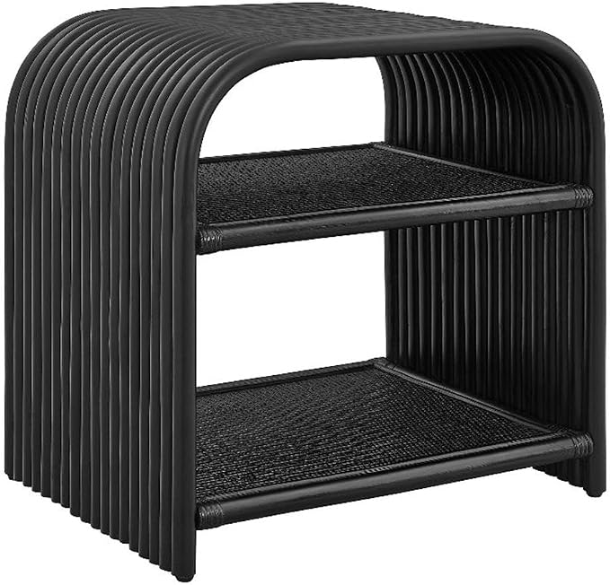 Modway Eve Curved Natural Rattan Side Table in Black – Round Accent End Table for Living Rooms, Bedrooms, or Covered Patios