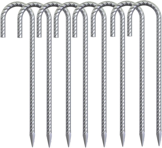 Rebar Stakes 16 inch, 3/8" Diameter Heavy Duty J Hook Stakes 8 Pack, Galvanized Anti-Rust Ground Anchor Long Tent Stakes for Dog Fence Trompoline Swing Set