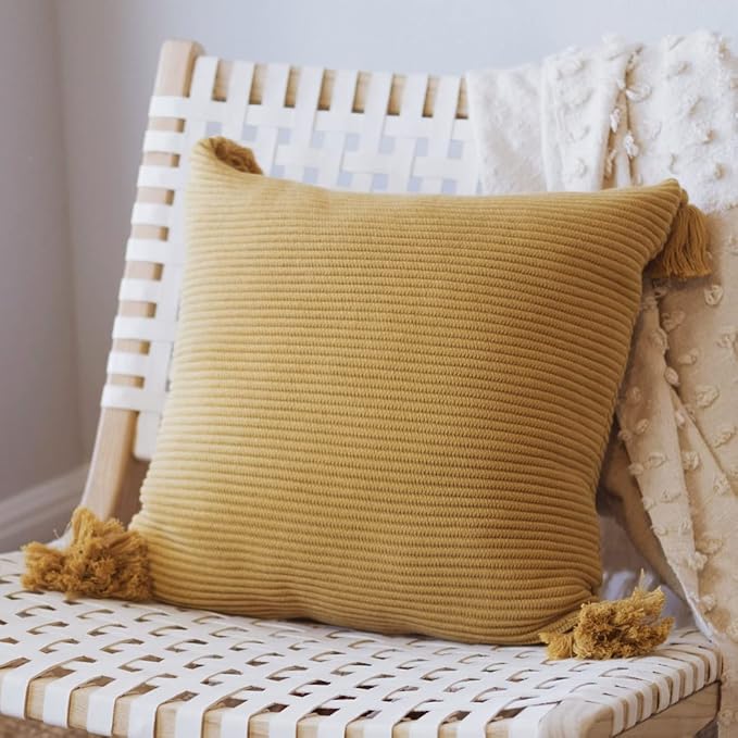 Cozy Soft Cotton Throw Pillow Cover with Ribbed Knit Texture and Tassel Corners adds Warmth and Character to Your Space (20x20, Muted Mustard Yellow)