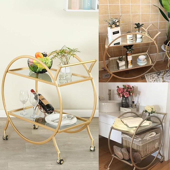 Bar Cart with 2 Mirrored Shelves, Modern Metal Bar Serving Cart, Gold Round Bar Carts for The Home/Kitchen/Club/Living Room, Rolling Wheeled Design (28.34''14.96''30.7'')