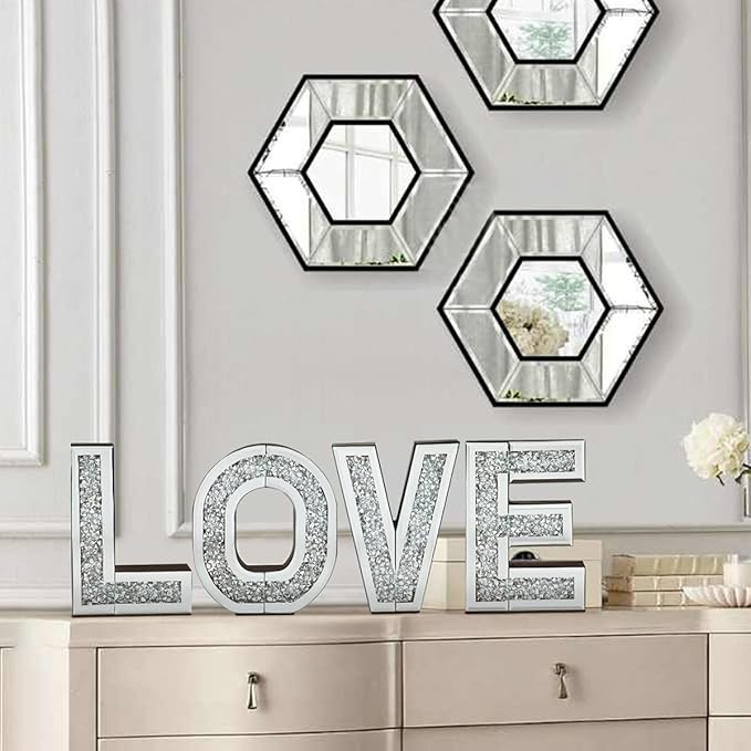 SHYFOY Love Letter Sign Living Room Decor, Mirrored Love Home Decoration for Tabletop & Wall-mount, Crystal Diamond Decorative Wall Mirrors Set for Wedding Centerpiece, Independent (4 PCS)