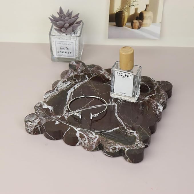 Square Marble Decorative Tray with Scalloped Edge, Luxury Natural Stone Bathroom Vanity Tray, Dresser Top Perfume Coffee Home Kitchen Sink Tray, Key Trinket Ring