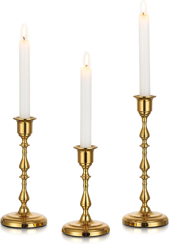 Gold Candlestick Holders Vintage: Brass Taper Candle Holders | for 0.87" Taper, Bottom with Felt Pad, Antique Decor for Dinning Table, Mantel, Wedding Centerpieces, Christmas, Party, 3 Pcs