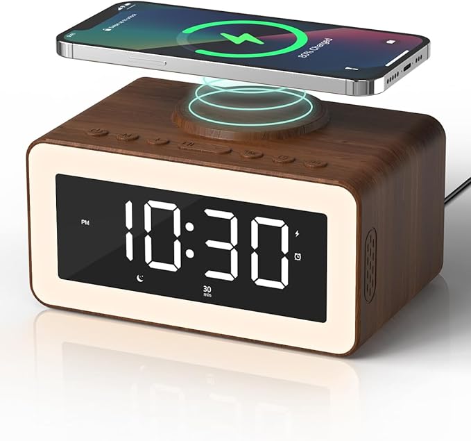 Digital Alarm Clocks for Bedrooms, Bluetooth Speaker, Alarm Clock with Wireless Charging, White/Brown Noise Sound Machine for Sleep with Night Light Wooden Vintage Decor Birthday Gifts for Men, Women