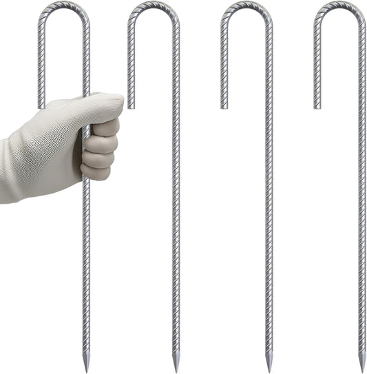 VVOKGO Rebar-Stakes-12-Inch J Hook Galvanized Tent Stakes Heavy Duty, 4-Pack Ground Chain Link Fence Anchors with Chisel Point End for Gazebo Bounce House, Camping Tents, Outdoor Inflatable Decoration
