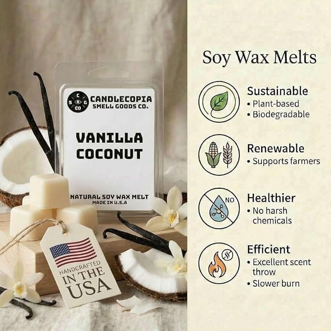 Vanilla Coconut Strongly Scented Hand Poured Vegan Wax Melts, 12 Scented Wax Cubes, 6.4 Ounces in 2 x 6-Packs