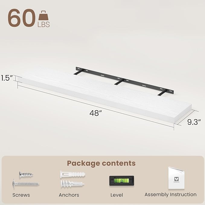 Vivelove White Floating Shelves 48 Inches Long, Wall Display Shelves with Invisible Brackets, for Bathroom Living Room Kitchen Bedroom Office Farmhouse Home Decor, 48x9.3X 1.5 - Set of 1, White